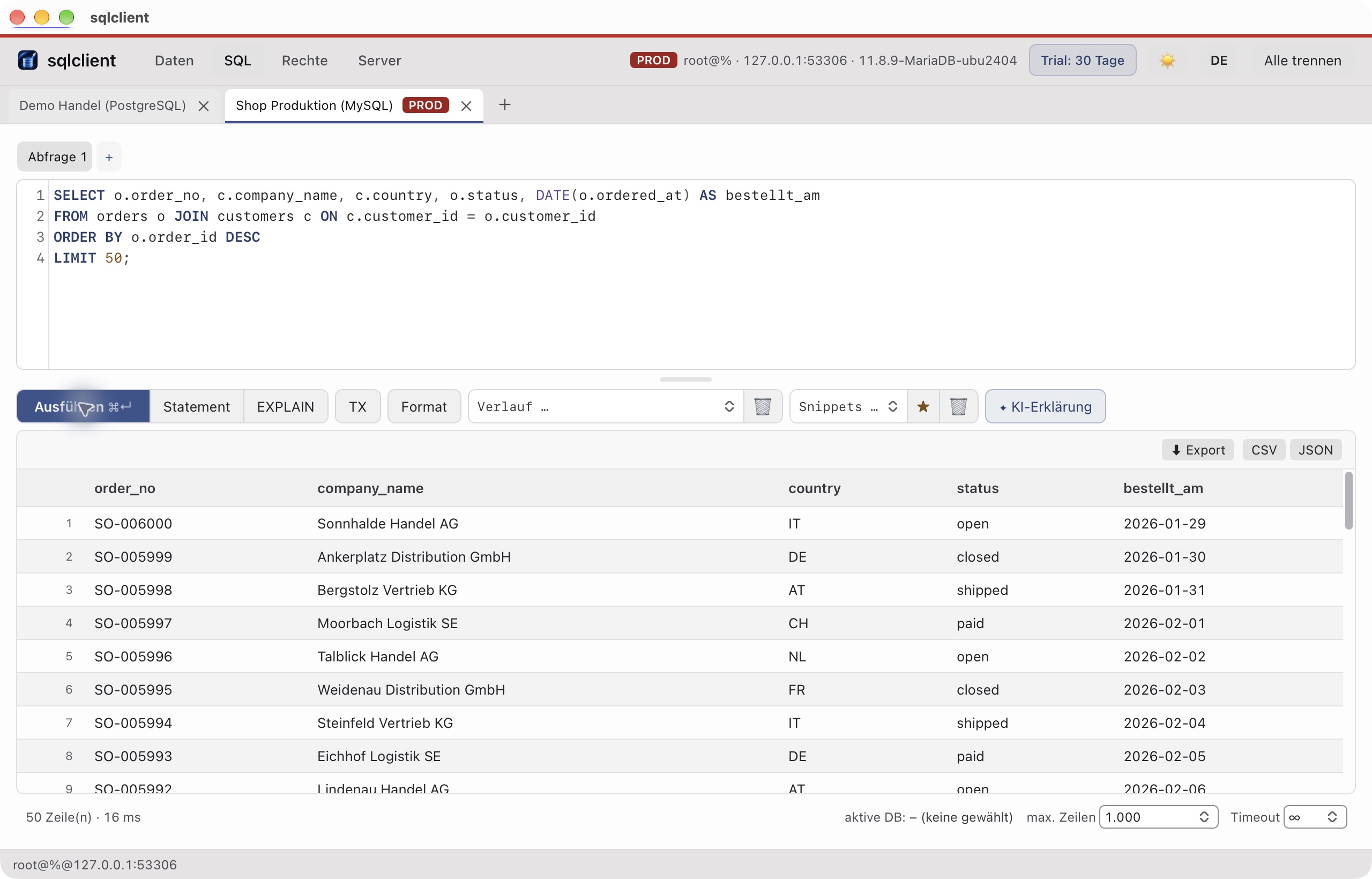 Datengitter der Tabelle order_items mit Filter, Sortierung und Export.