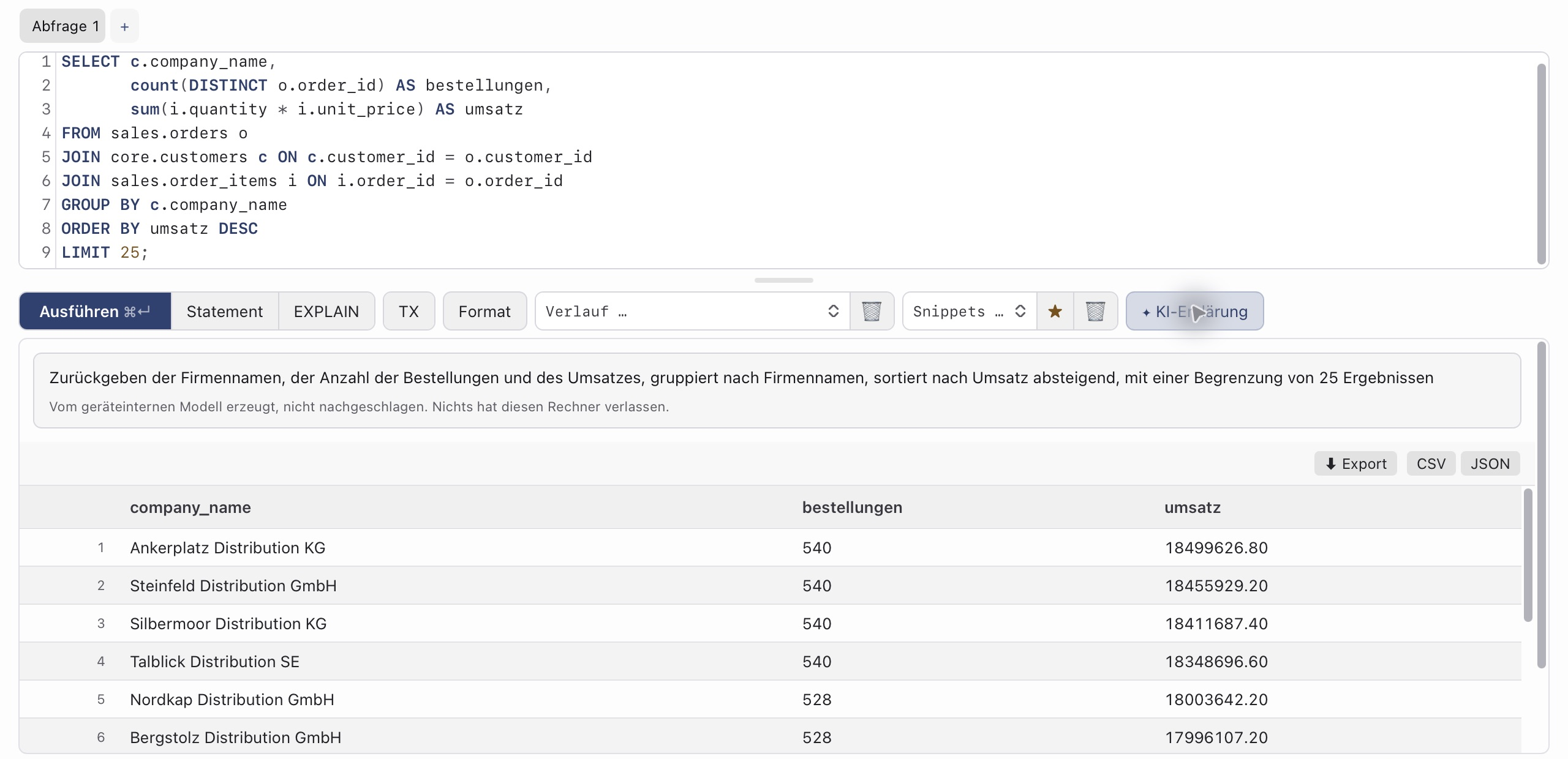 „KI-Erklärung“ im SQL-Reiter: der Zweck der Abfrage in einem Satz, darunter der Hinweis, dass nichts den Rechner verlassen hat.