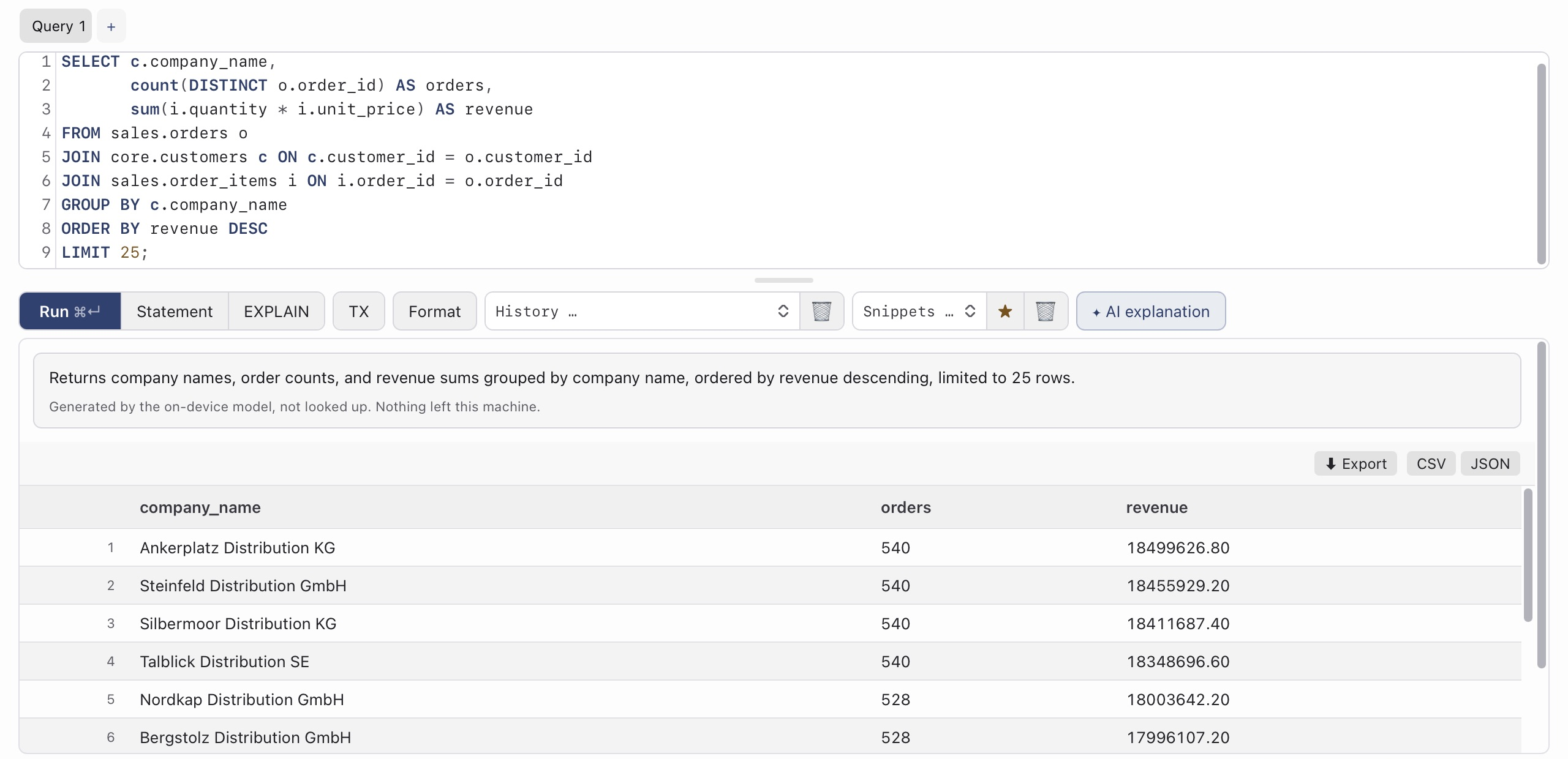 “AI explanation” in the SQL tab: the purpose of the query in one sentence, with the note that nothing left the machine.