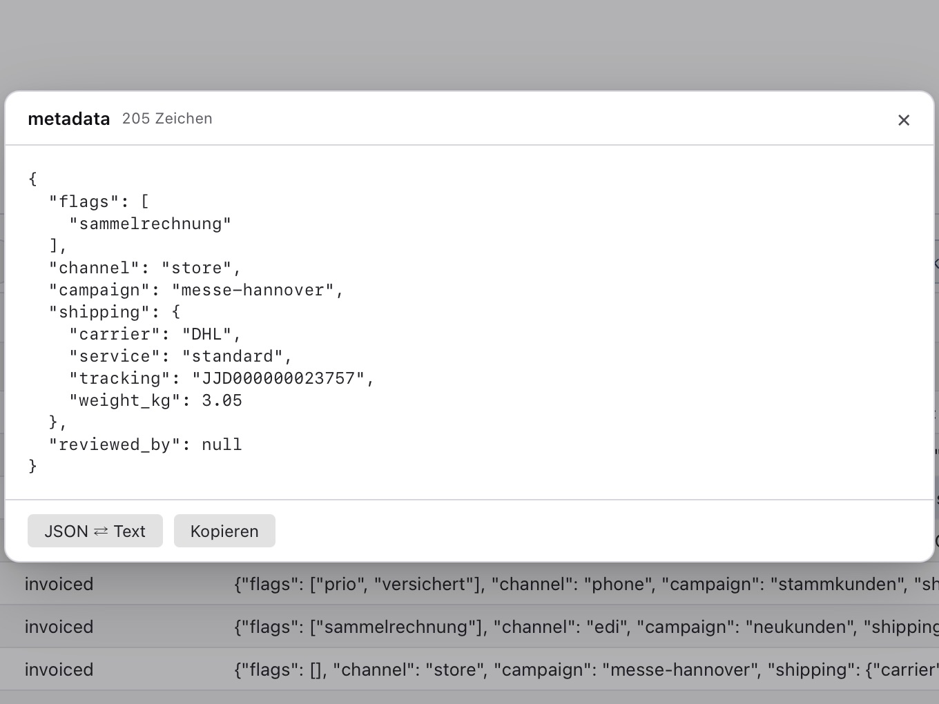 JSON in der Zelle: Inspektor mit Text- und JSON-Ansicht, Kopieren mit einem Klick. Das Ergebnisgitter darunter ist editierbar.