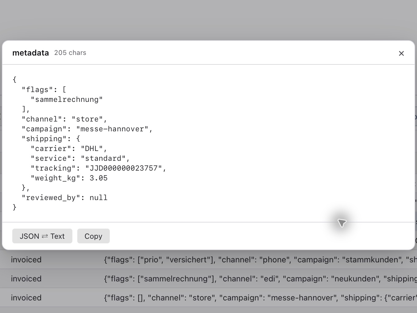 JSON in the cell: inspector with text and JSON view, one click to copy. The result grid below is editable.