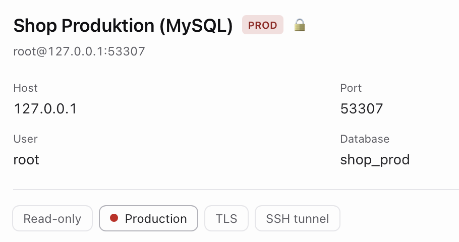 Connection manager with a MySQL profile, TLS and SSH options. Available controls, including the production marker, depend on the plan.