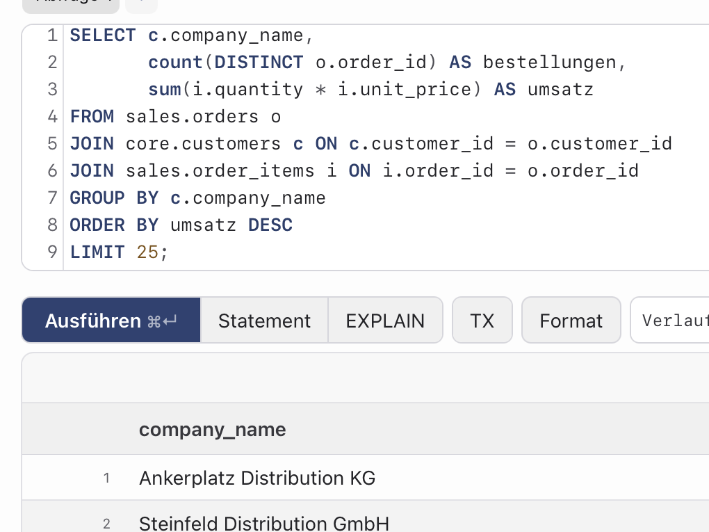 SQL-Konsole mit Syntax-Highlighting und Vervollständigung per Ctrl+Leertaste: Statement am Cursor ausführen, Query stoppen, Verlauf lokal behalten.