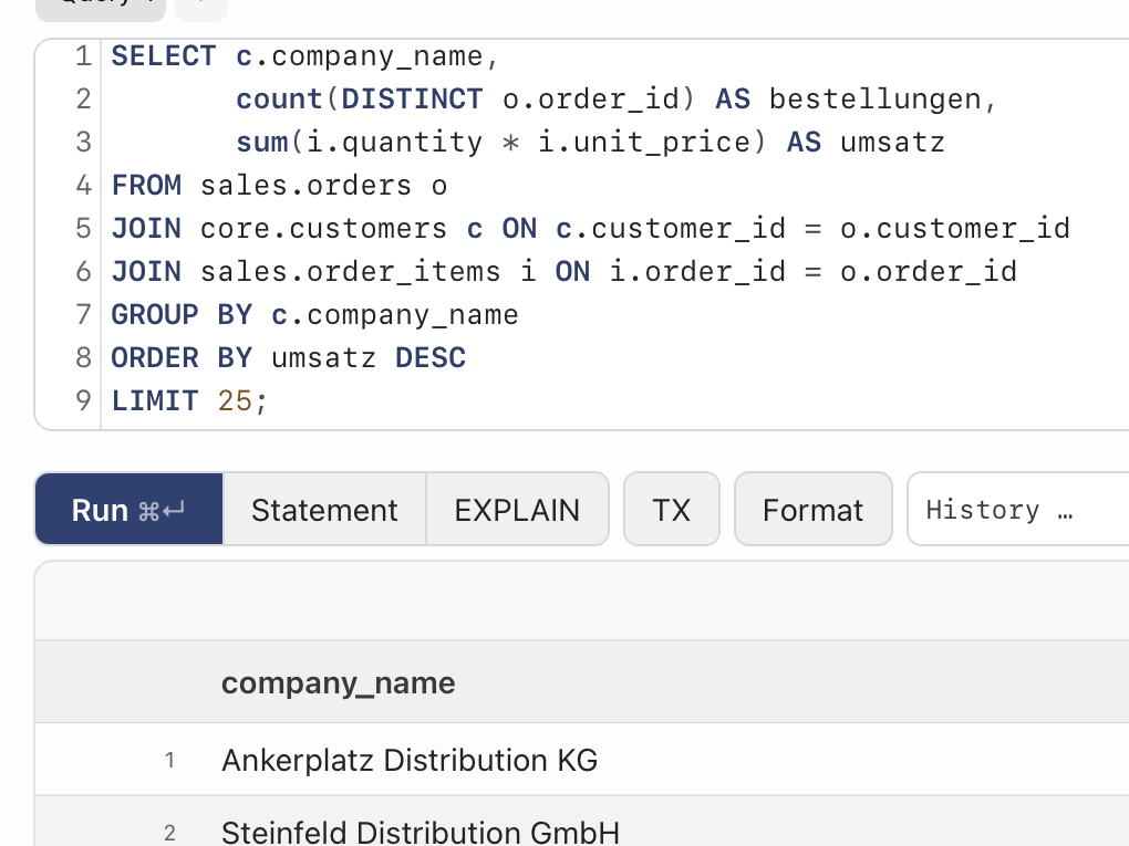 SQL console with syntax highlighting and Ctrl+Space completion: run the statement at the cursor, stop a query and keep history locally.
