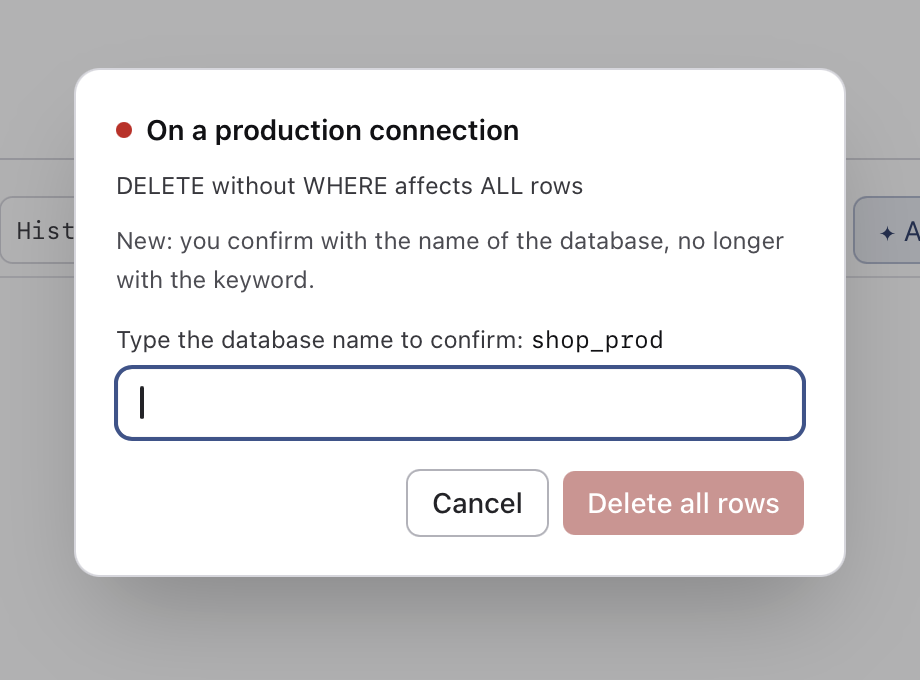The “Shop Produktion” connection is marked as production; the app stops before DELETE FROM audit_log.