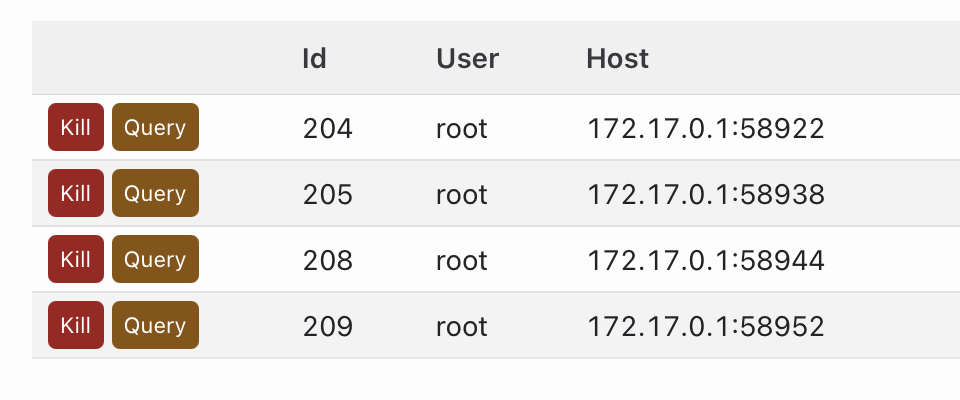 Server overview with the process list and run time per query. Kill asks first, like every question of the production guard.