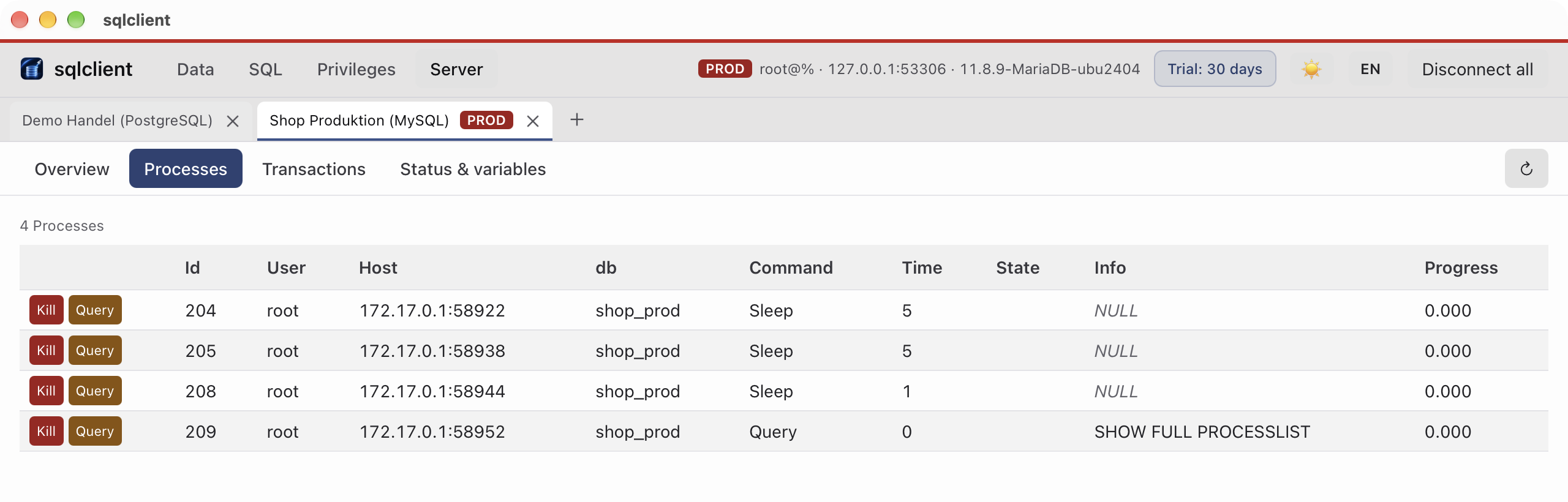 Server overview with the process list and run time per query. Kill asks first, like every question of the production guard.